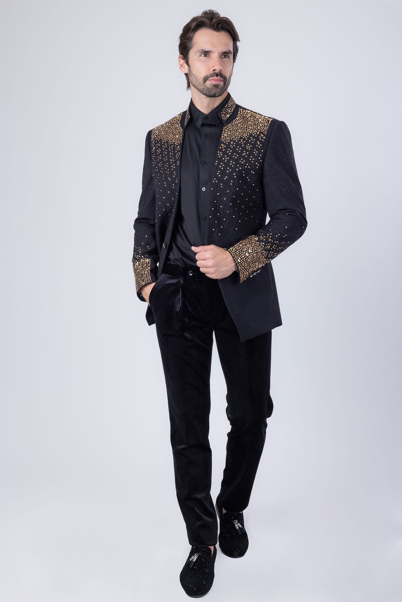 Barabas Wholesale Men's Geometric Pattern Rhinestone Henley Lapel Blazer 4EBL53 Gold