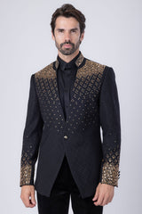 Barabas Wholesale Men's Geometric Pattern Rhinestone Henley Lapel Blazer 4EBL53 Black Gold