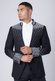 Barabas Wholesale Men's Geometric Pattern Rhinestone Henley Lapel Blazer 4EBL53 Black Silver