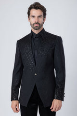 Barabas Men's Geometric Pattern Rhinestone Henley Lapel Blazer 4EBL53 Black Black