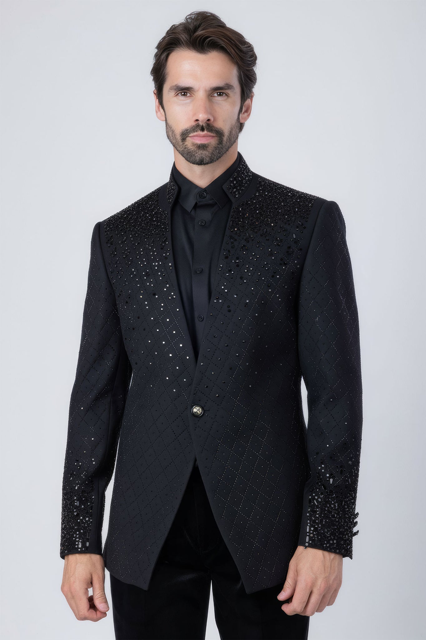 Barabas Men's Geometric Pattern Rhinestone Henley Lapel Blazer 4EBL53 Black Black