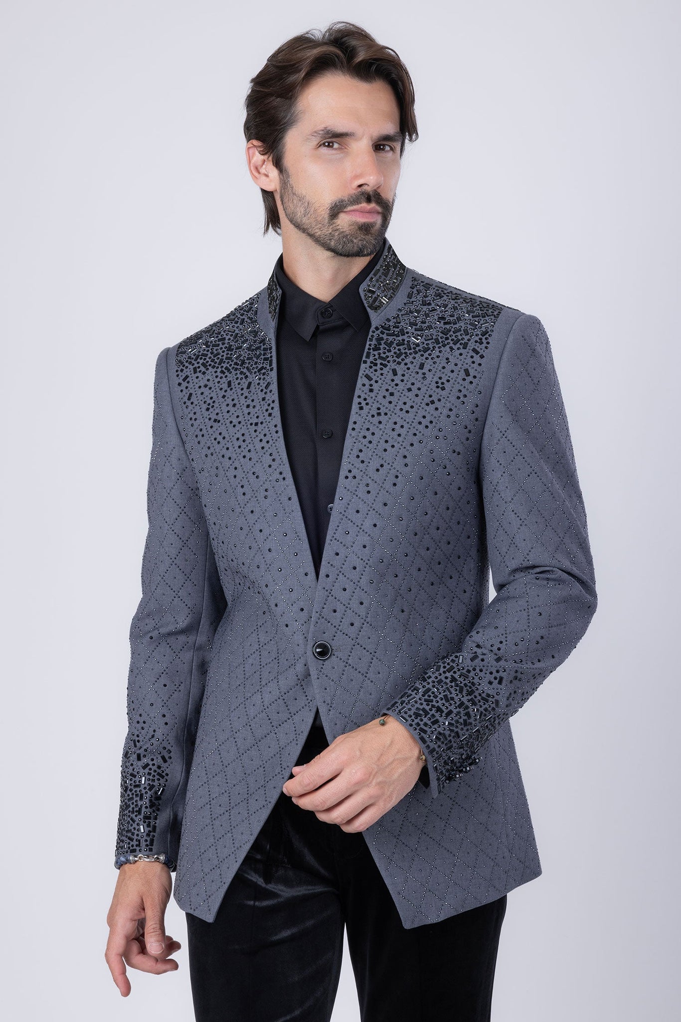 Barabas Wholesale Men's Geometric Pattern Rhinestone Henley Lapel Blazer 4EBL53 Black Grey