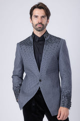 Barabas Wholesale Men's Geometric Pattern Rhinestone Henley Lapel Blazer 4EBL53 Dark Grey