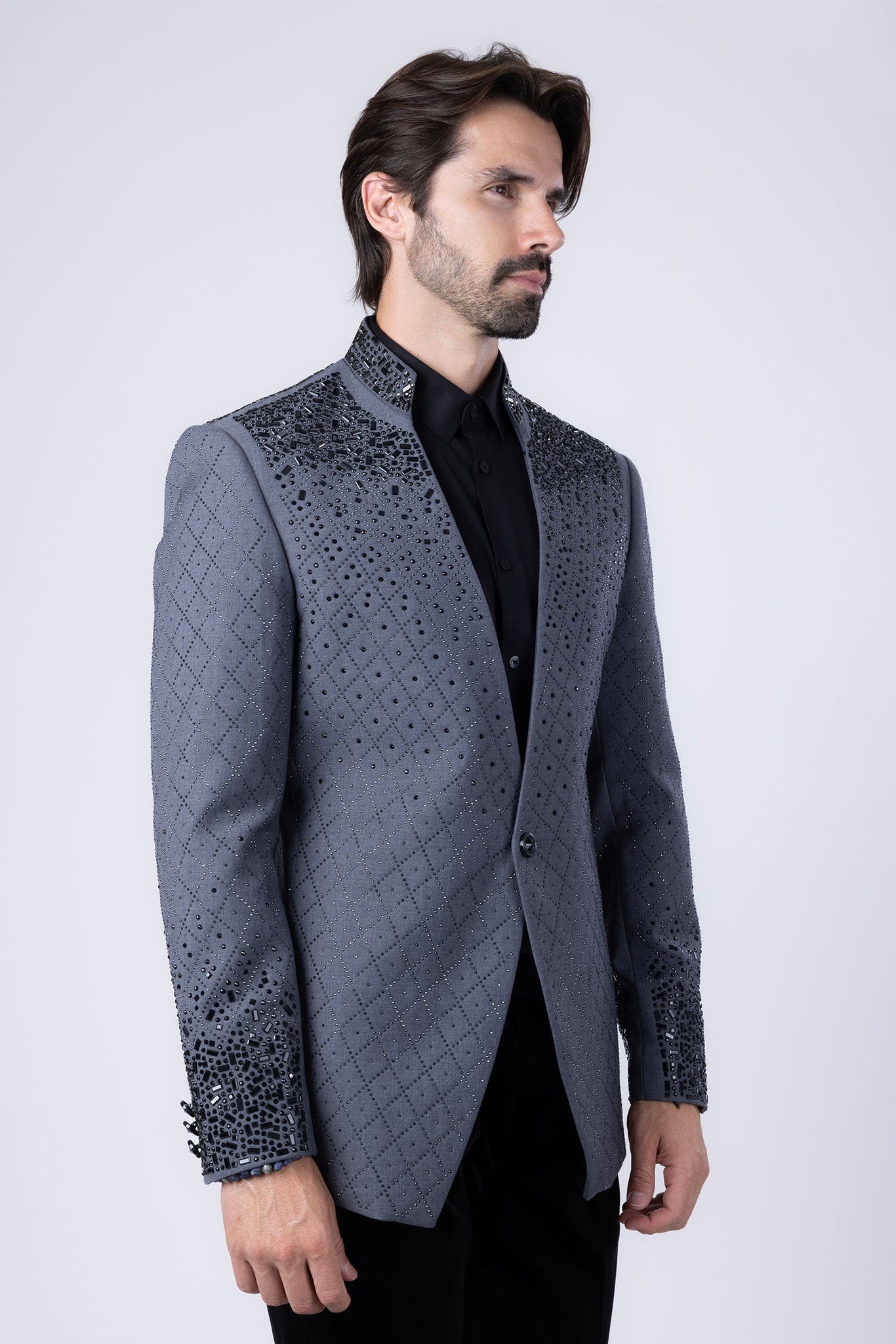 Barabas Wholesale Men's Geometric Pattern Rhinestone Henley Lapel Blazer 4EBL53 Dark Grey