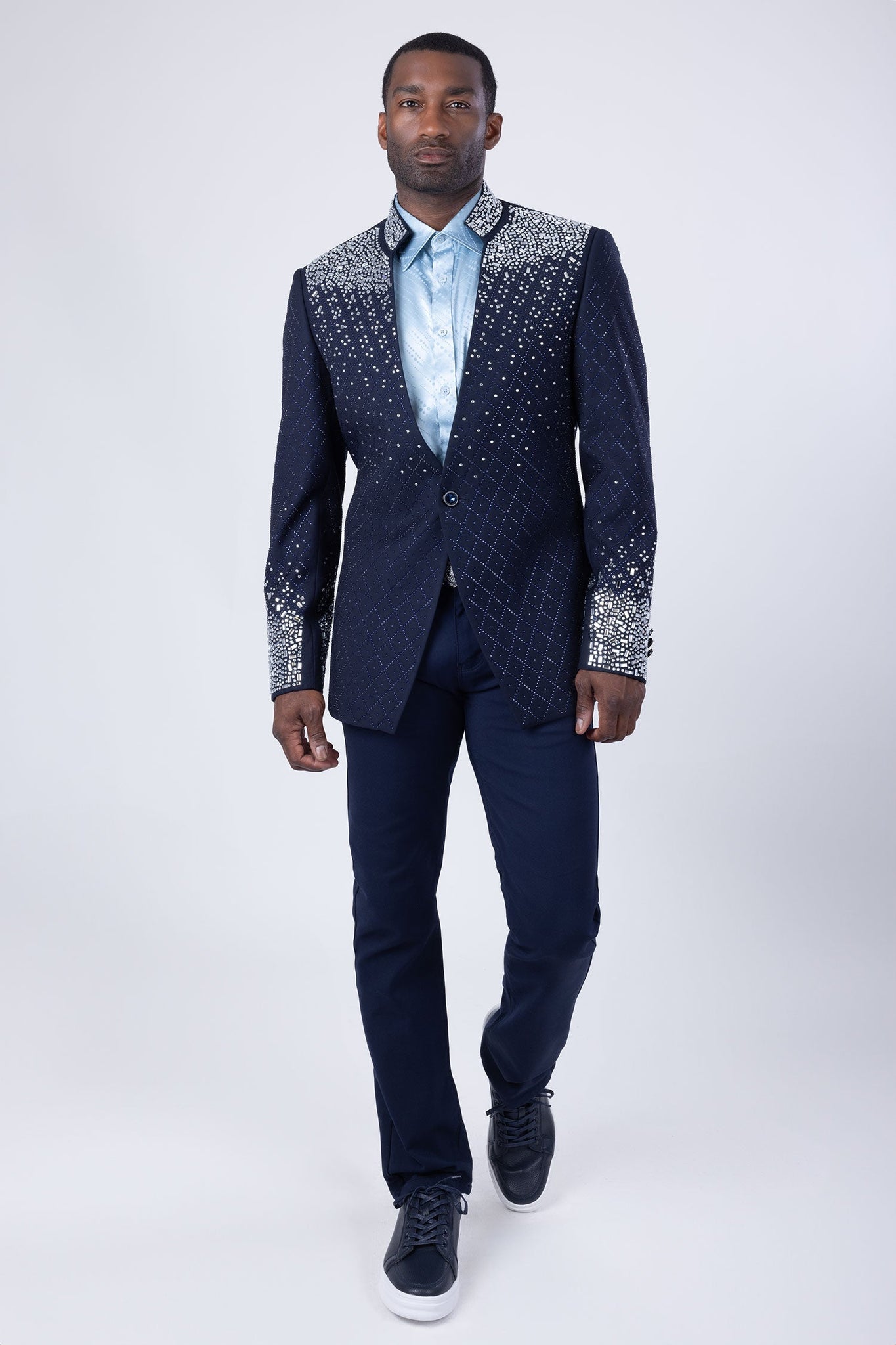 Barabas Wholesale Men's Geometric Pattern Rhinestone Henley Lapel Blazer 4EBL53 Navy