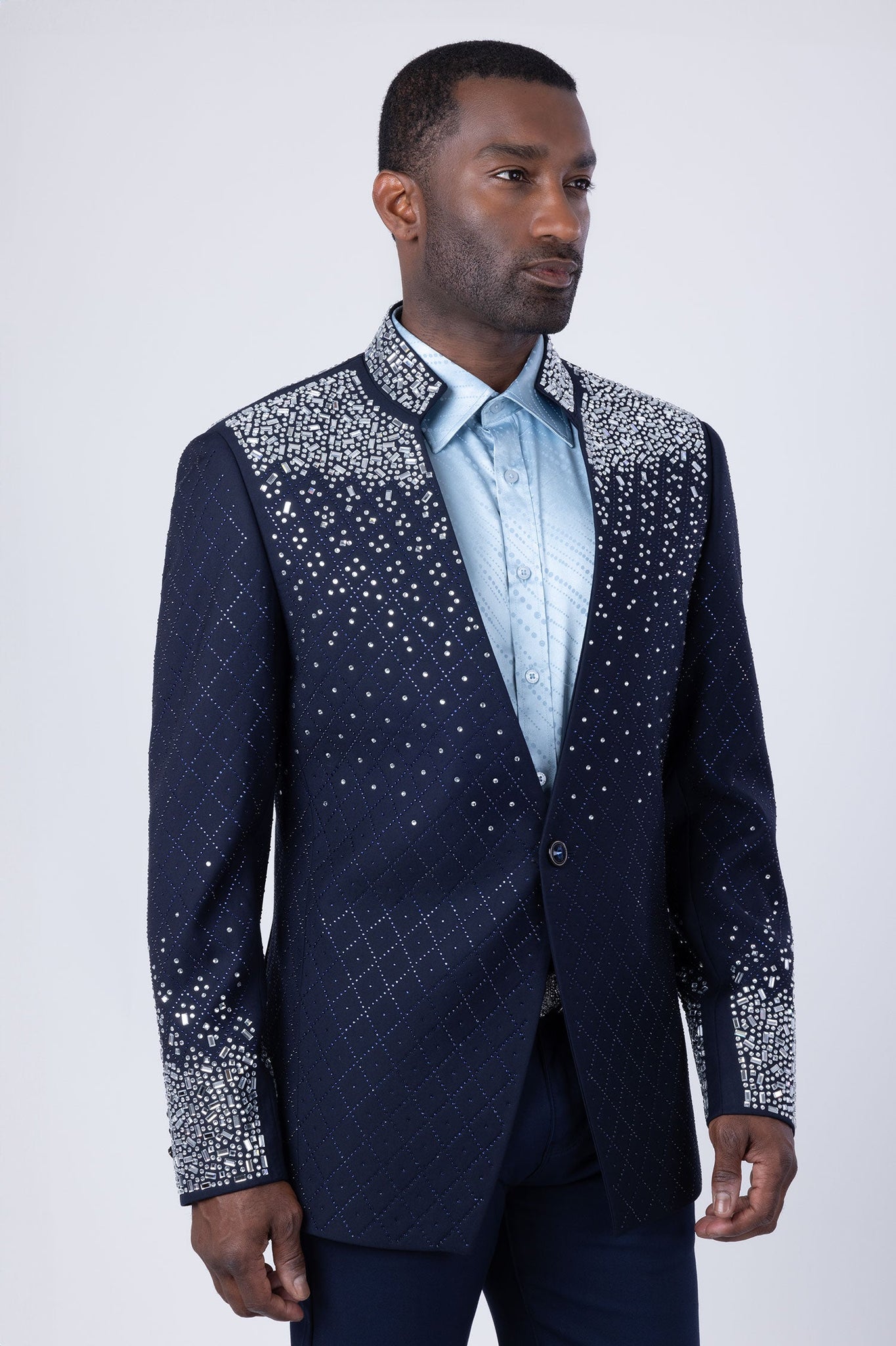 Barabas Wholesale Men's Geometric Pattern Rhinestone Henley Lapel Blazer 4EBL53 Navy