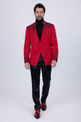 Barabas Wholesale Men's Geometric Pattern Rhinestone Henley Lapel Blazer 4EBL53 Red Black