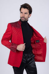 Barabas Wholesale Men's Geometric Pattern Rhinestone Henley Lapel Blazer 4EBL53 Red Black