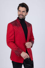 Barabas Wholesale Men's Geometric Pattern Rhinestone Henley Lapel Blazer 4EBL53 Red Black