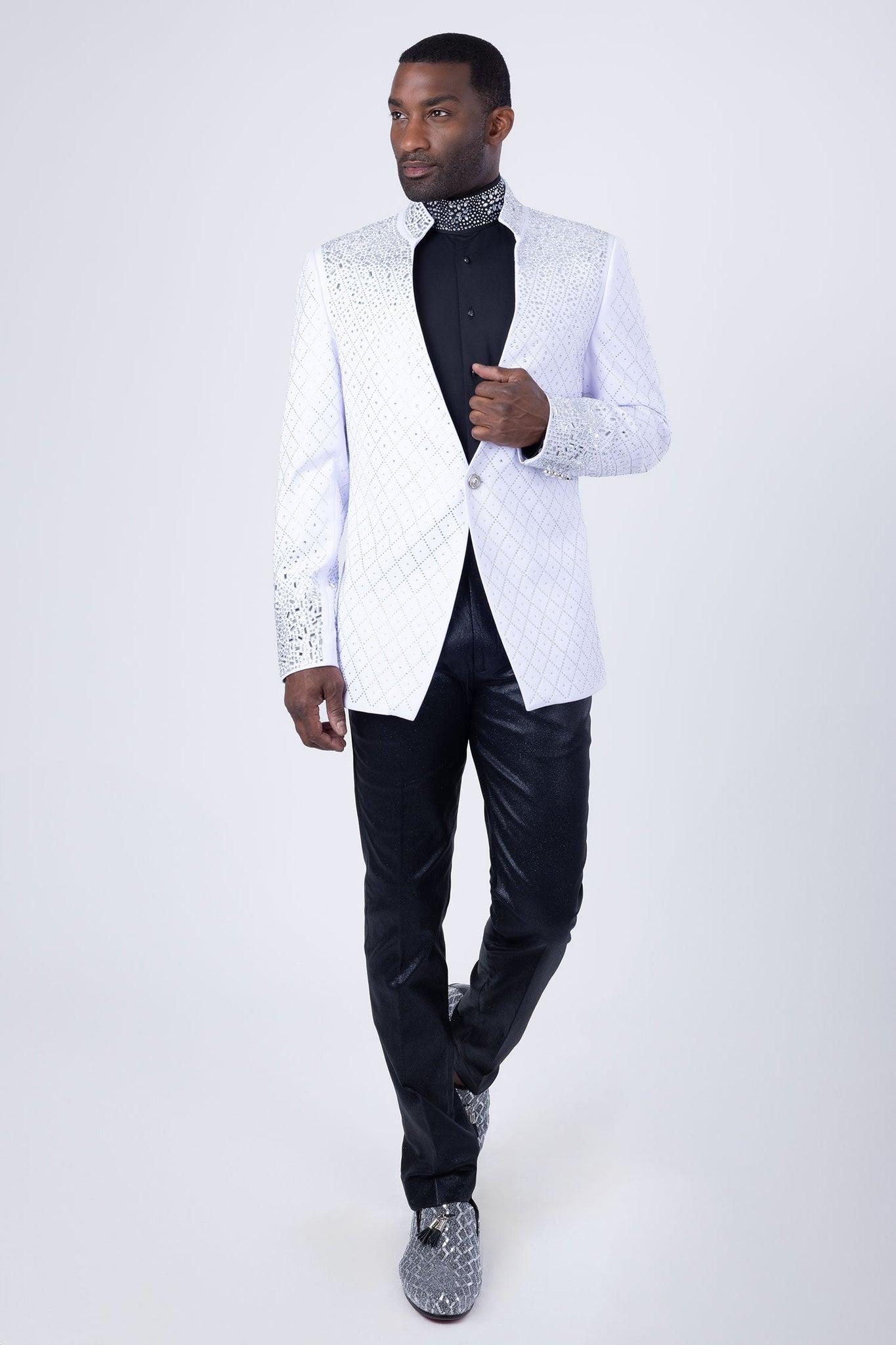 Barabas Wholesale Men's Geometric Pattern Rhinestone Henley Lapel Blazer 4EBL53 White