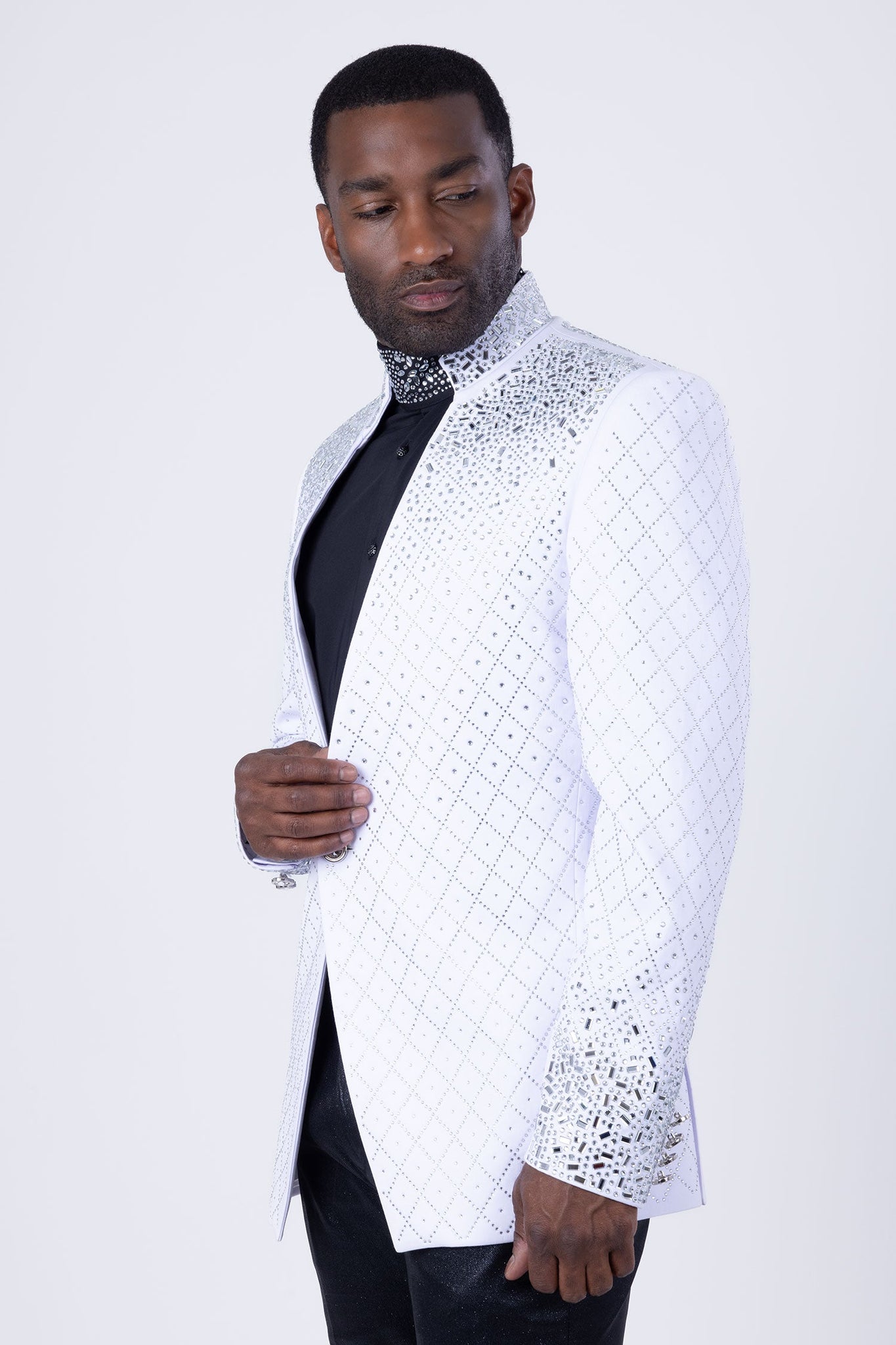 Barabas Wholesale Men's Geometric Pattern Rhinestone Henley Lapel Blazer 4EBL53 White