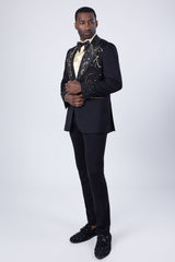 Barabas Wholesale Men's Rhinestone Floral Pattern Peak Lapel Suit 4SU20 Black