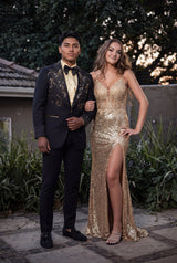 Barabas Wholesale Men's Rhinestone Floral Pattern Peak Lapel Suit 4SU20 Black Gold