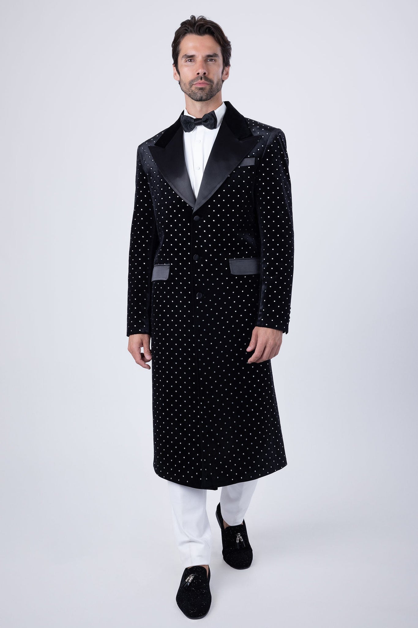 Barabas Wholesale Men's Rhinestone Velvet Peak Lapel Long Coat 4LBL49 Silver