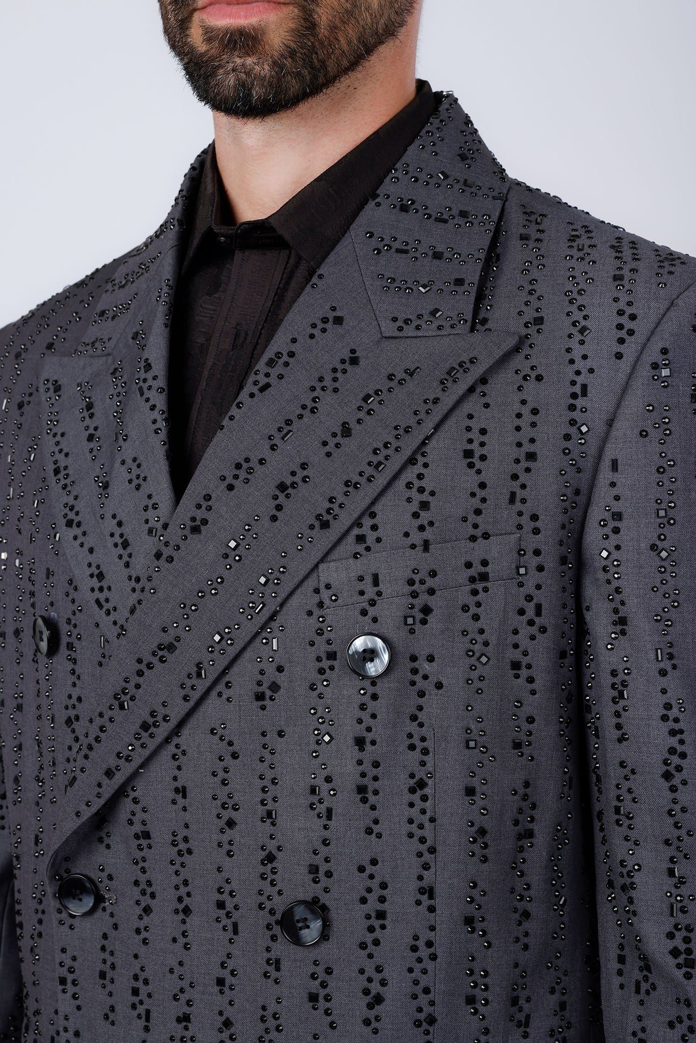 Barabas Wholesale Men's Rhinestone Pattern Long Coat Blazer 4LBL55 Grey Black