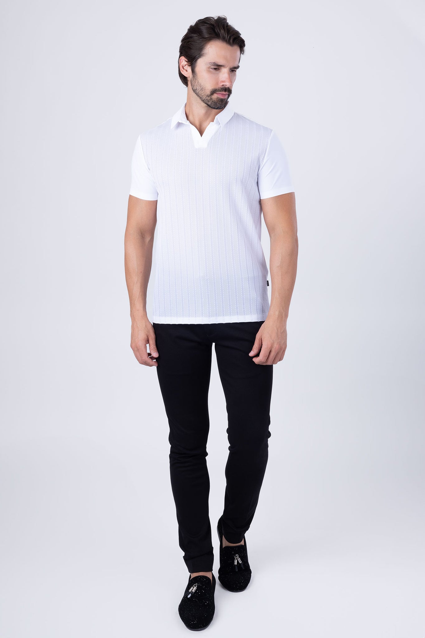 Barabas Men's Wholesale Solid Color Stretch See Through V-Neck Polo Shirts 4P24 White