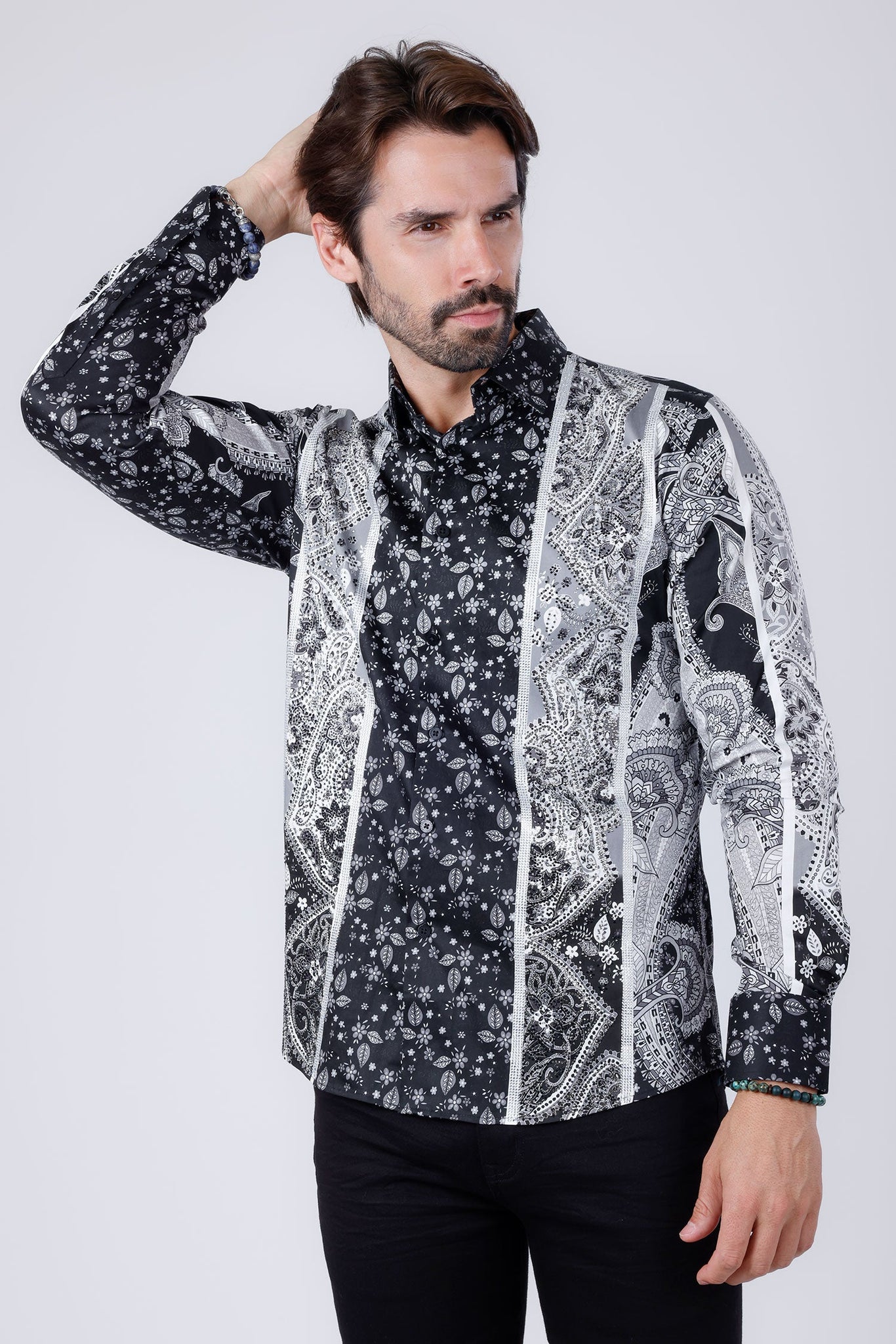 Barabas Wholesale Men's Rhinestone Eagle Long Sleeve Shirts 4SPR01 Black