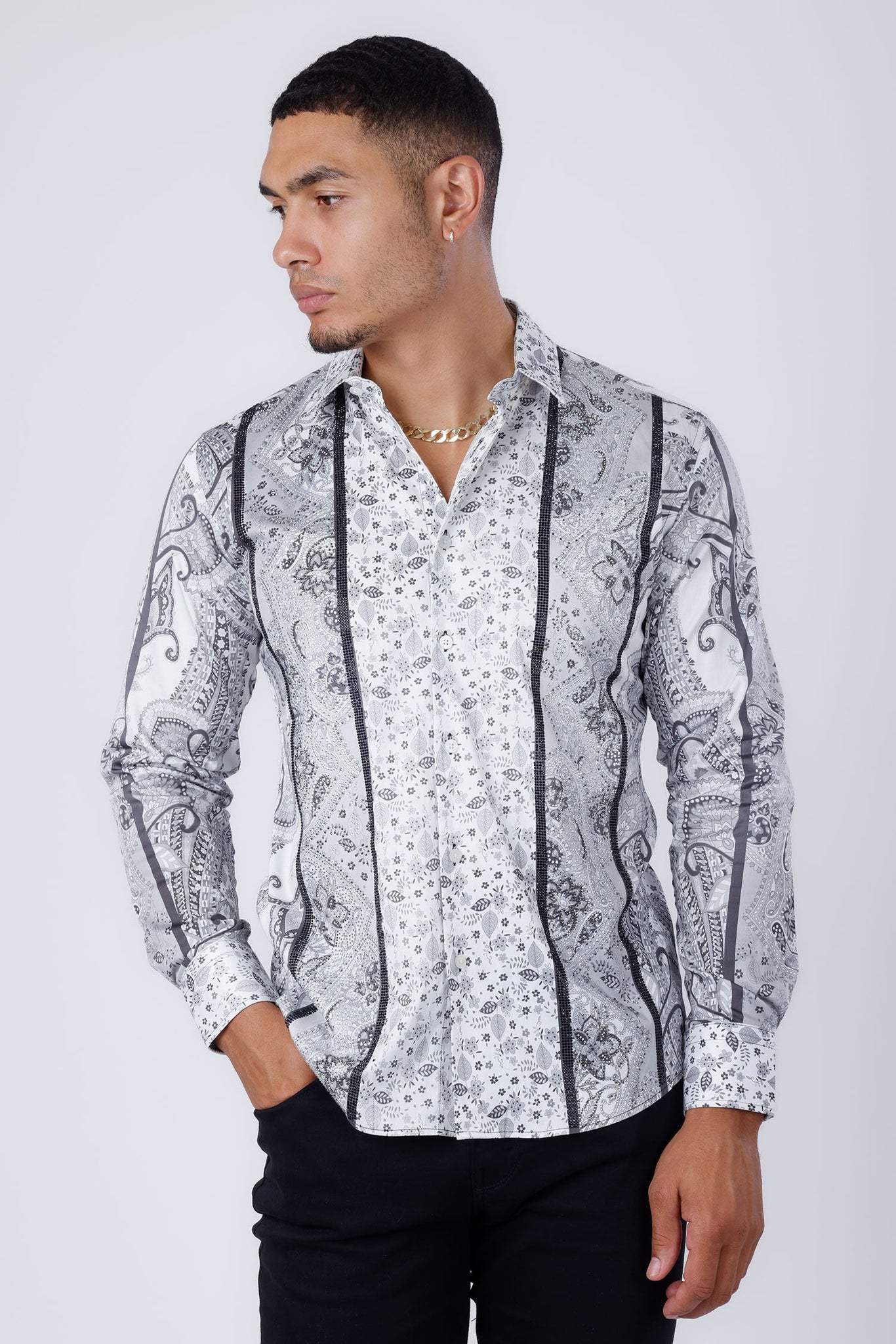 Barabas Wholesale Men's Rhinestone Eagle Long Sleeve Shirts 4SPR01 White