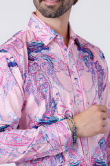 Barabas Wholesale Men's Rhinestone Paisley Dragon Long Sleeve Shirts 4SPR02 Pink