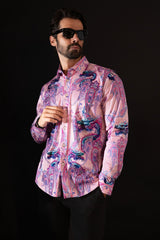 Barabas Wholesale Men's Rhinestone Paisley Dragon Long Sleeve Shirts 4SPR02 Pink