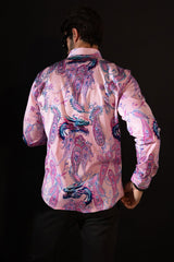 Barabas Wholesale Men's Rhinestone Paisley Dragon Long Sleeve Shirts 4SPR02 Pink