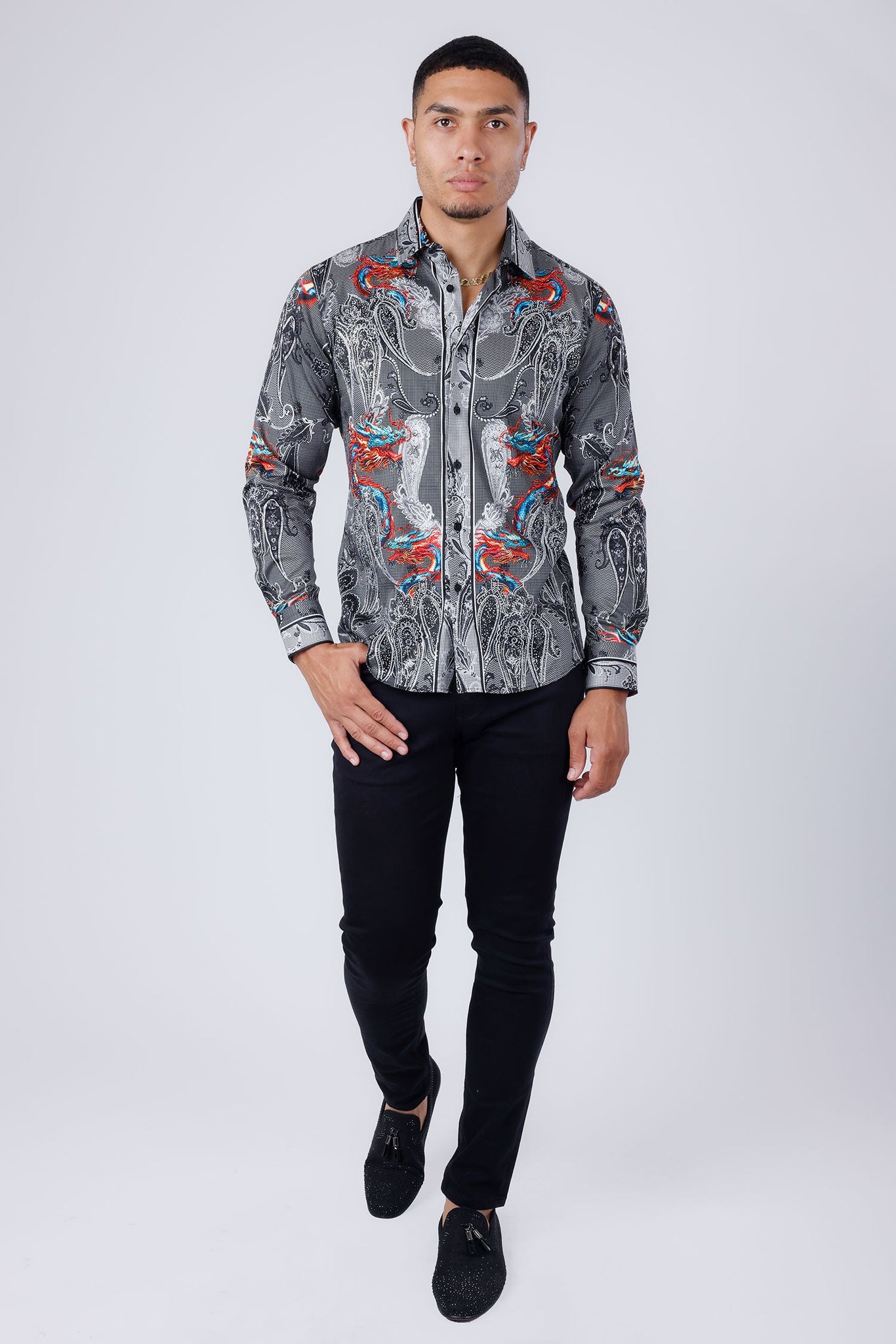 Barabas Wholesale Men's Rhinestone Paisley Dragon Long Sleeve Shirts 4SPR02 Red