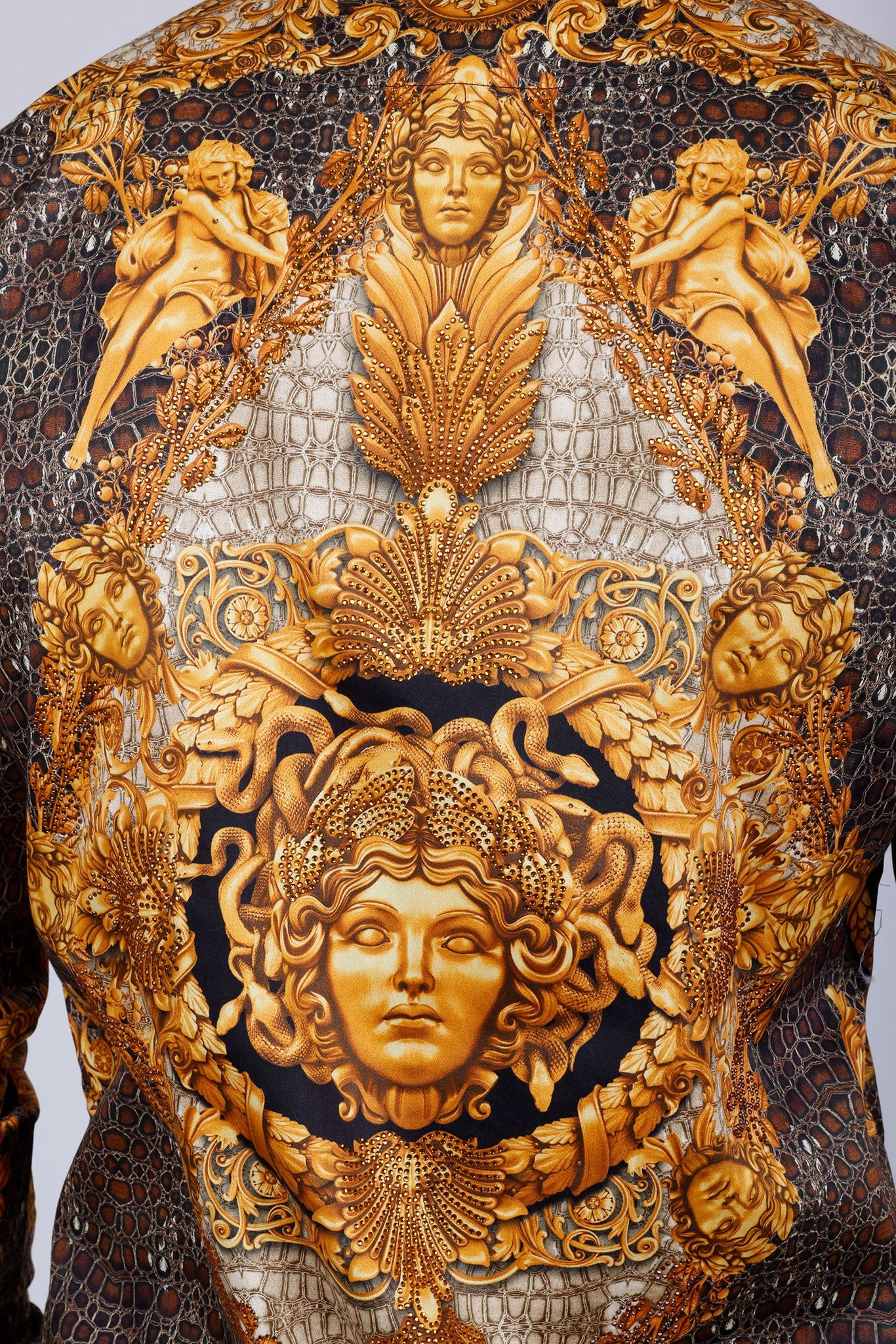 Baerabas Wholesale Men's Rhinestone Medusa Snake Skin Long Sleeve Shirts 4SPR03 Gold