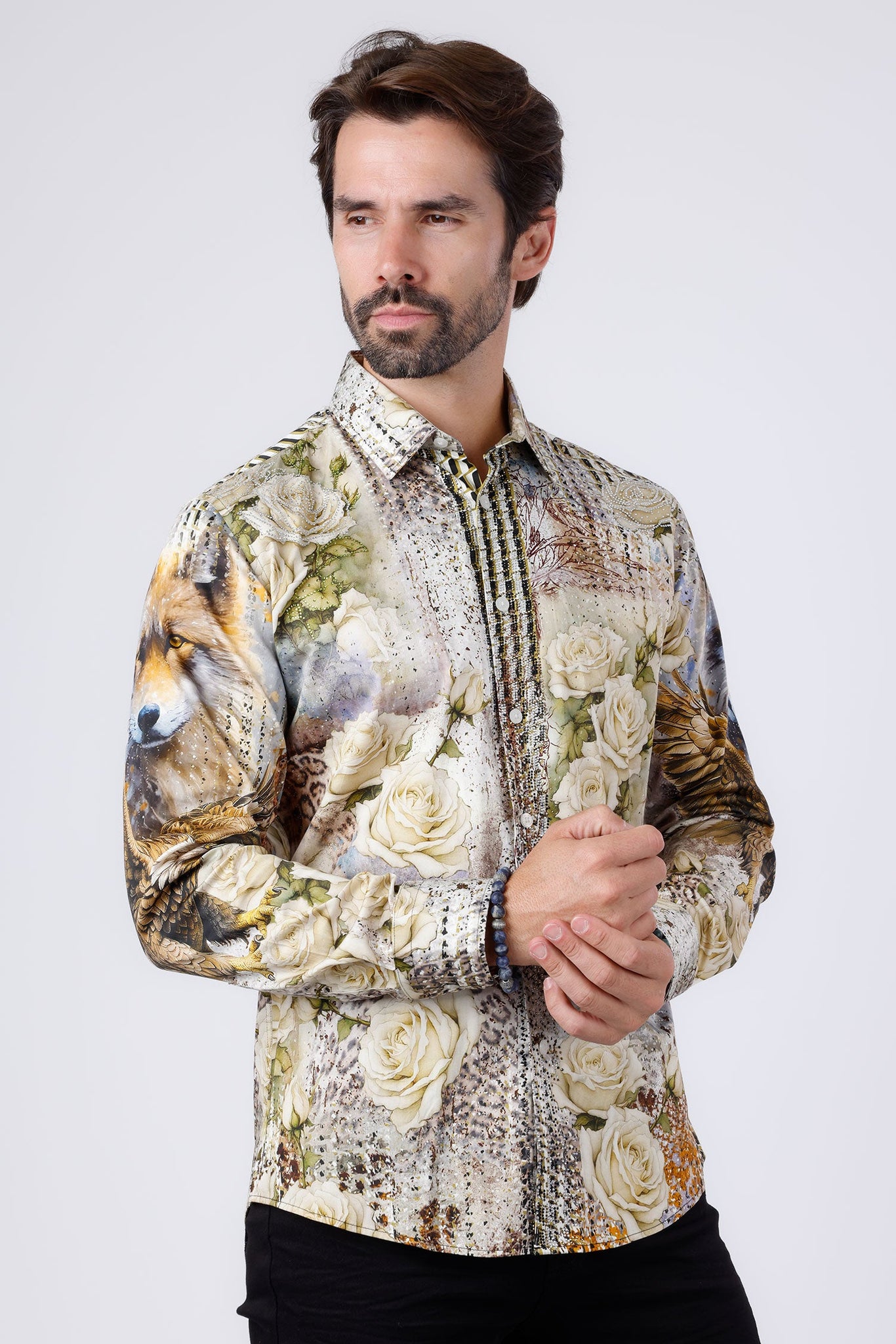 Barabas Wholesale Men's Rhinestone Floral Wolf Long Sleeve Shirts 4SPR04 Beige