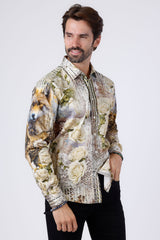 Barabas Wholesale Men's Rhinestone Floral Wolf Long Sleeve Shirts 4SPR04 Cream
