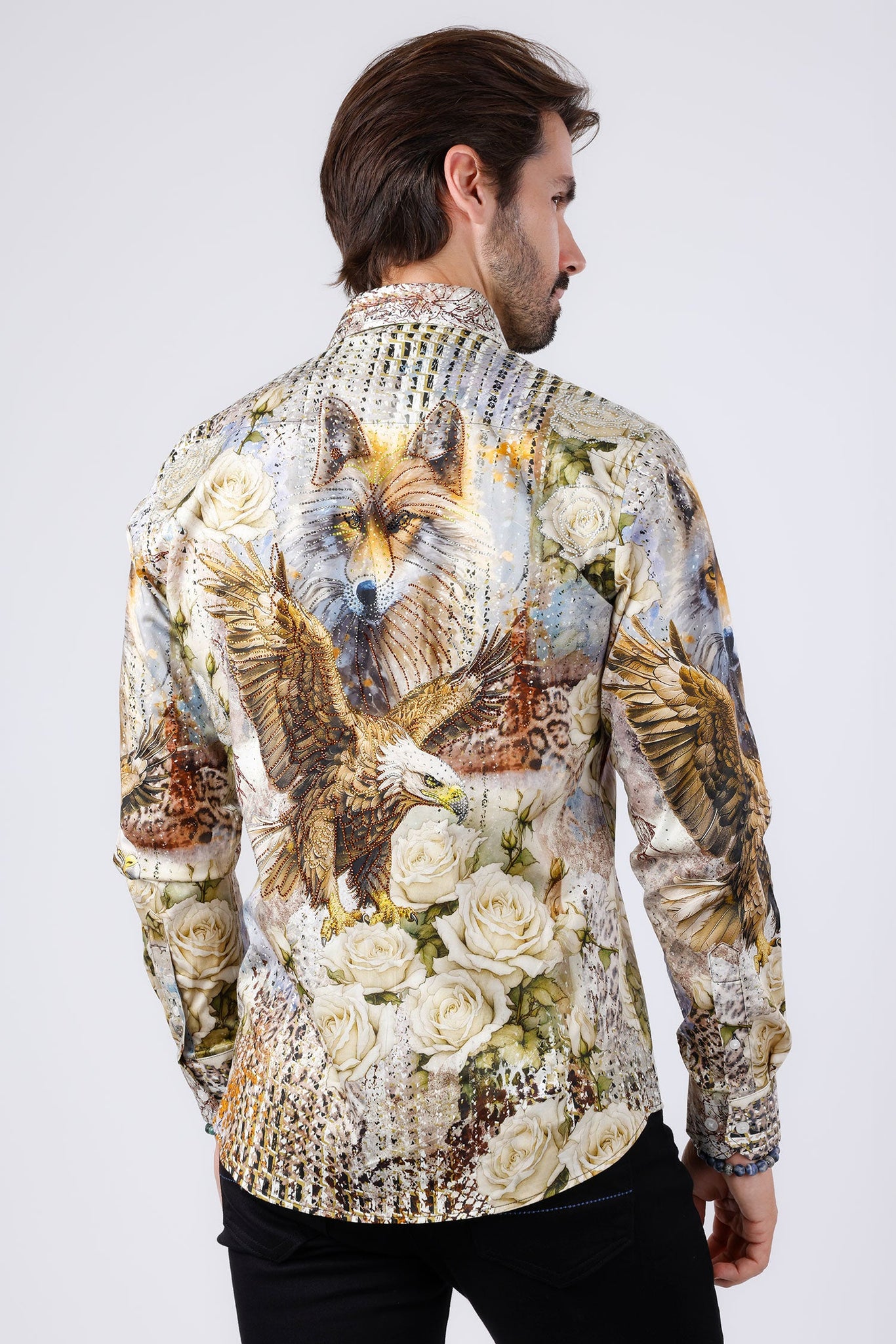 Barabas Wholesale Men's Rhinestone Floral Wolf Long Sleeve Shirts 4SPR04 Brown