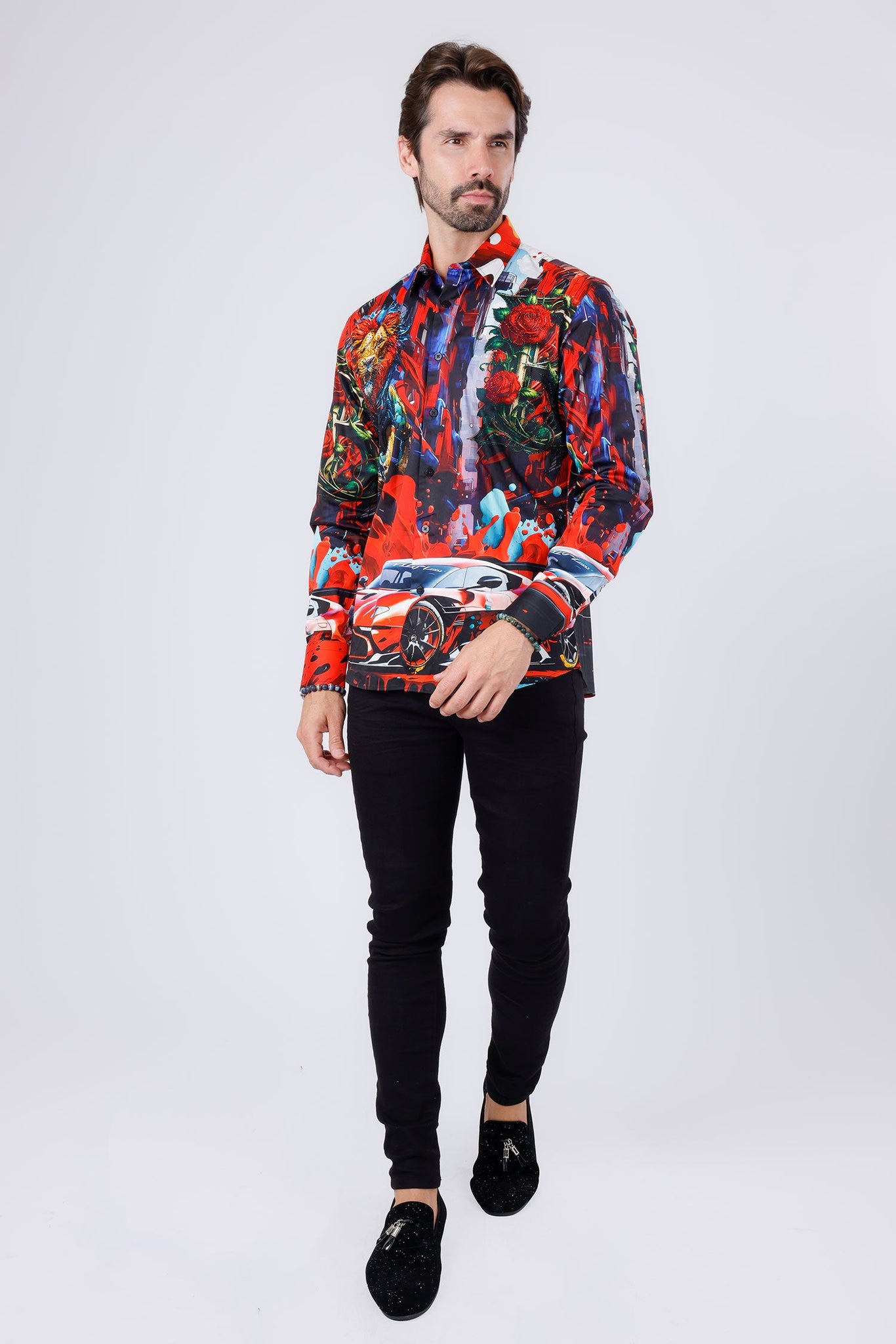 Barabas Wholesale Men's Rhinestone Floral Lion Long Sleeve Shirts 4SPR05 Red