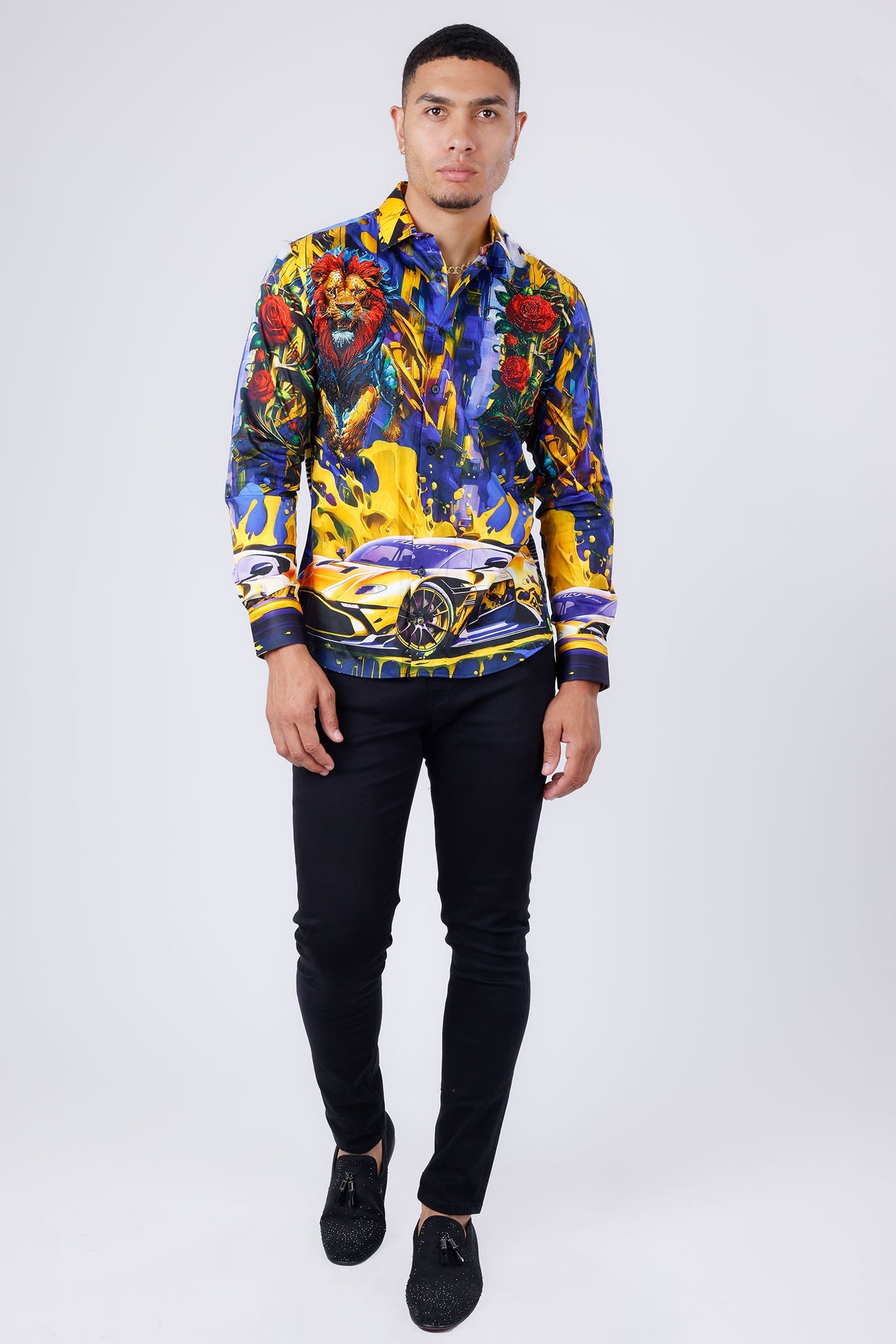 Barabas Wholesale Men's Rhinestone Floral Lion Long Sleeve Shirts 4SPR05 Blue