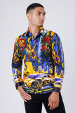 Barabas Wholesale Men's Rhinestone Floral Lion Long Sleeve Shirts 4SPR05 Royal