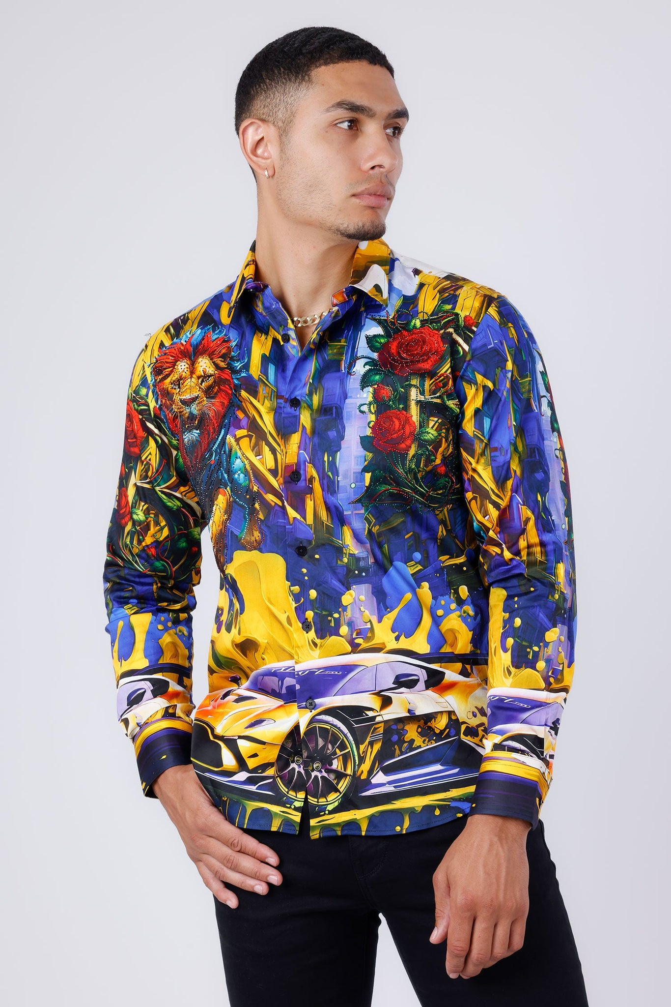 Barabas Wholesale Men's Rhinestone Floral Lion Long Sleeve Shirts 4SPR05 Royal