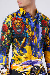 Barabas Wholesale Men's Rhinestone Floral Lion Long Sleeve Shirts 4SPR05 Royal