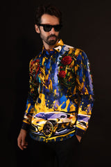 Barabas Wholesale Men's Rhinestone Floral Lion Long Sleeve Shirts 4SPR05 Royal