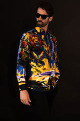 Barabas Wholesale Men's Rhinestone Floral Lion Long Sleeve Shirts 4SPR05 Royal