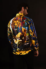 Barabas Wholesale Men's Rhinestone Floral Lion Long Sleeve Shirts 4SPR05 Royal