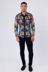 Barabas Wholesale Men's Rhinestone Floral Paisley Long Sleeve Shirts 4SPR07 Black