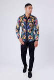 Barabas Wholesale Men's Rhinestone Floral Paisley Long Sleeve Shirts 4SPR07 Blue