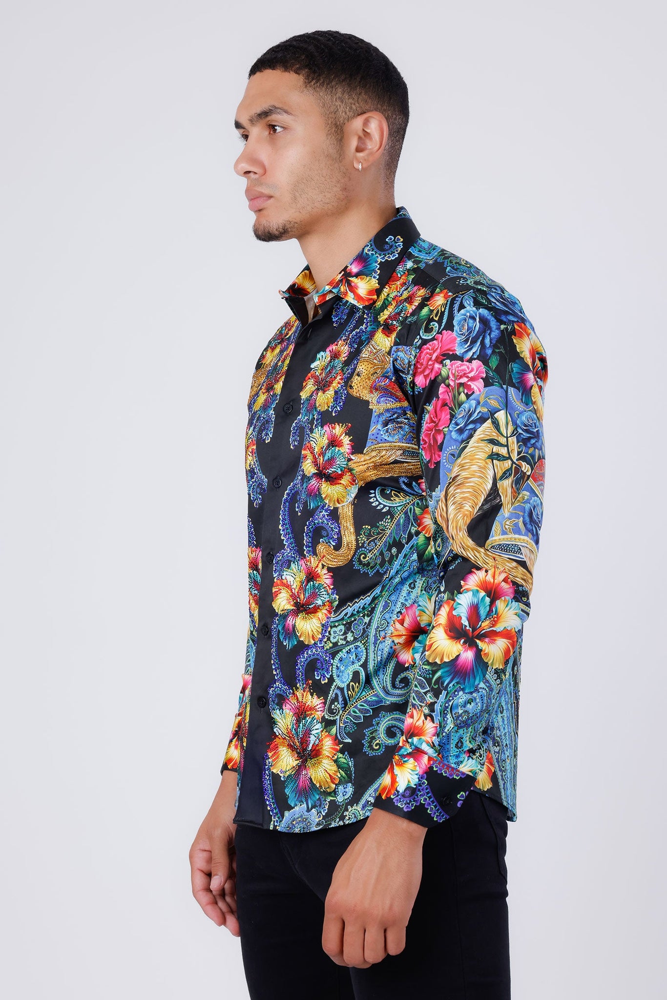 Barabas Wholesale Men's Rhinestone Floral Paisley Long Sleeve Shirts 4SPR07 Black