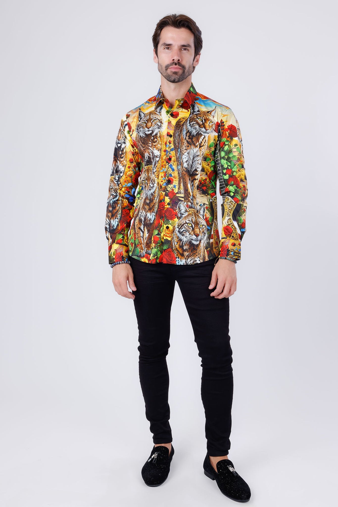 Barabas Wholesale Men's Rhinestone Floral Animal Long Sleeve Shirts 4SPR08 Multi