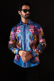 Barabas Wholesale Men's Rhinestone Panther Cheetah Long Sleeve Shirts 4SPR09 Blue