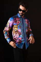 Barabas Wholesale Men's Rhinestone Panther Cheetah Long Sleeve Shirts 4SPR09 Blue