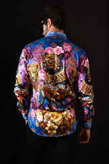 Barabas Wholesale Men's Rhinestone Panther Cheetah Long Sleeve Shirts 4SPR09 Blue