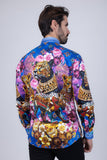 Barabas Wholesale Men's Rhinestone Panther Cheetah Long Sleeve Shirts 4SPR09 Blue