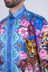 Barabas Wholesale Men's Rhinestone Panther Cheetah Long Sleeve Shirts 4SPR09 Blue