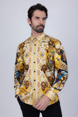 Barabas Wholesale Men's Rhinestone Panther Cheetah Long Sleeve Shirts 4SPR09 Yellow