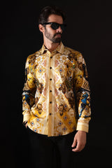 Barabas Wholesale Men's Rhinestone Panther Cheetah Long Sleeve Shirts 4SPR09 Cream