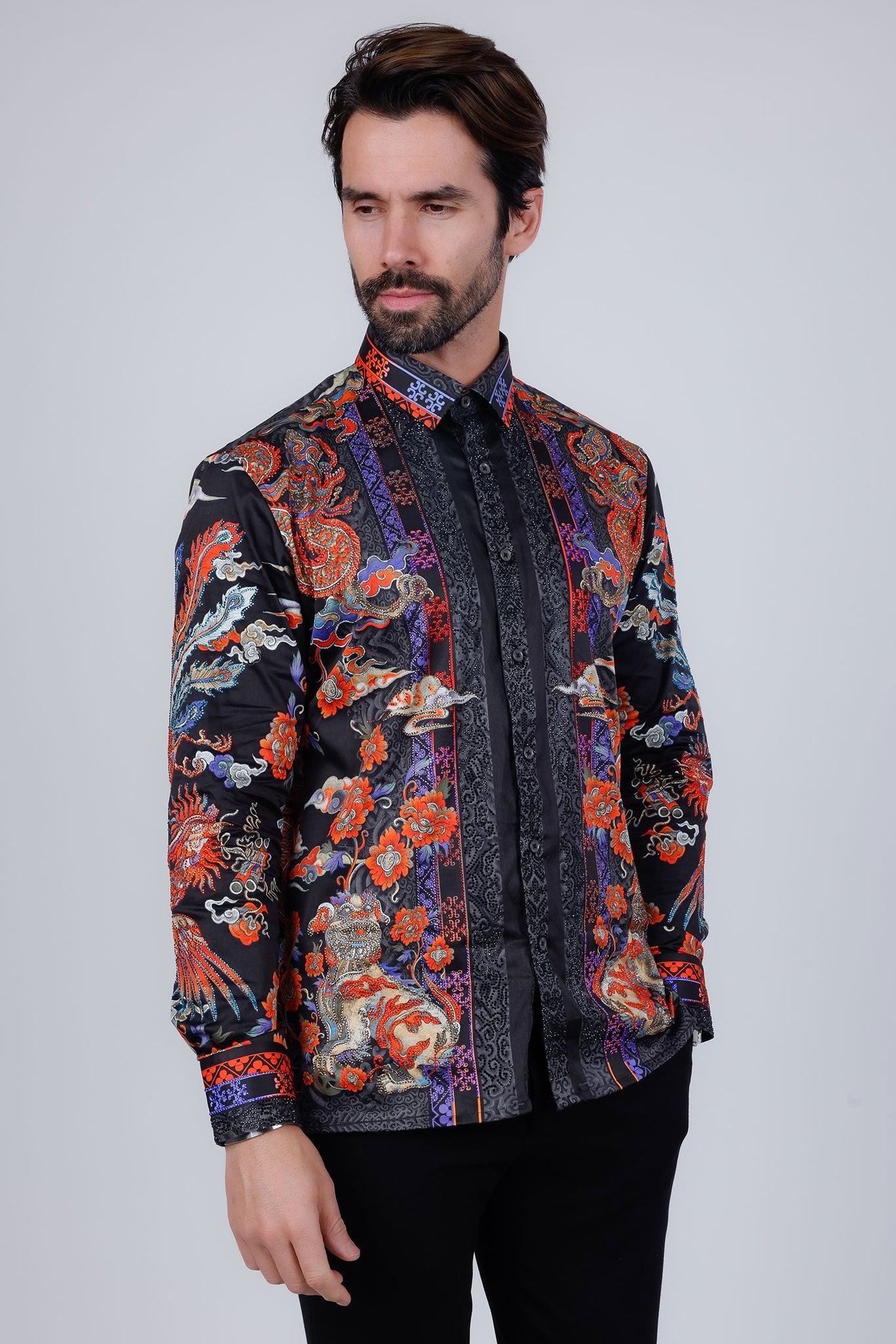 Barabas Wholesale Men's Rhinestone Floral Rooster Long Sleeve Shirts 4SPR10 Navy